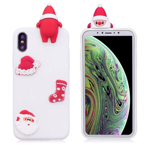 iPhone XS beskyttelses deksel av TPU med 3D jule dyr mønster - hvit bakgrunn med jule hatt