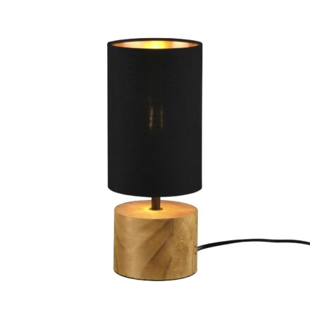 Bordlampe Woody, tre/tekstil, sylinder, svart