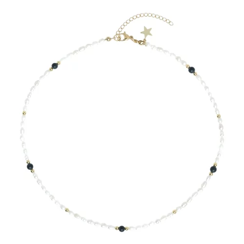 Oval Pearl Necklace W/Natural Stone Matte Black